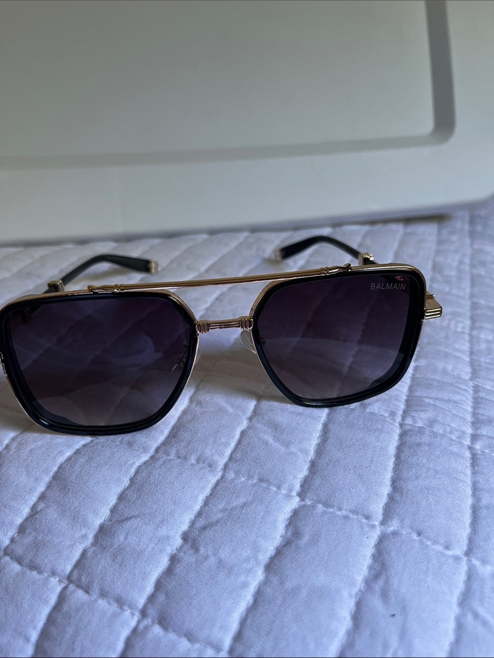 Balmain Black & Gold Square Aviator Sunglasses
